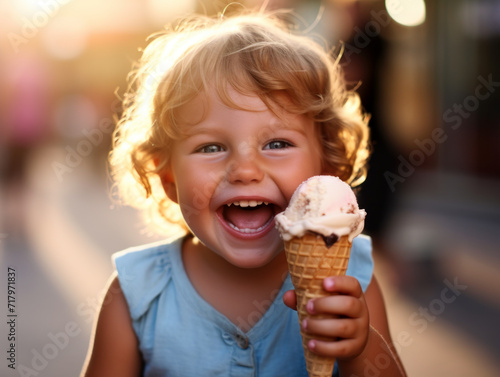 Joyful Toddler with Curly Hair Enjoying Ice Cream Cone on Sunny Day.