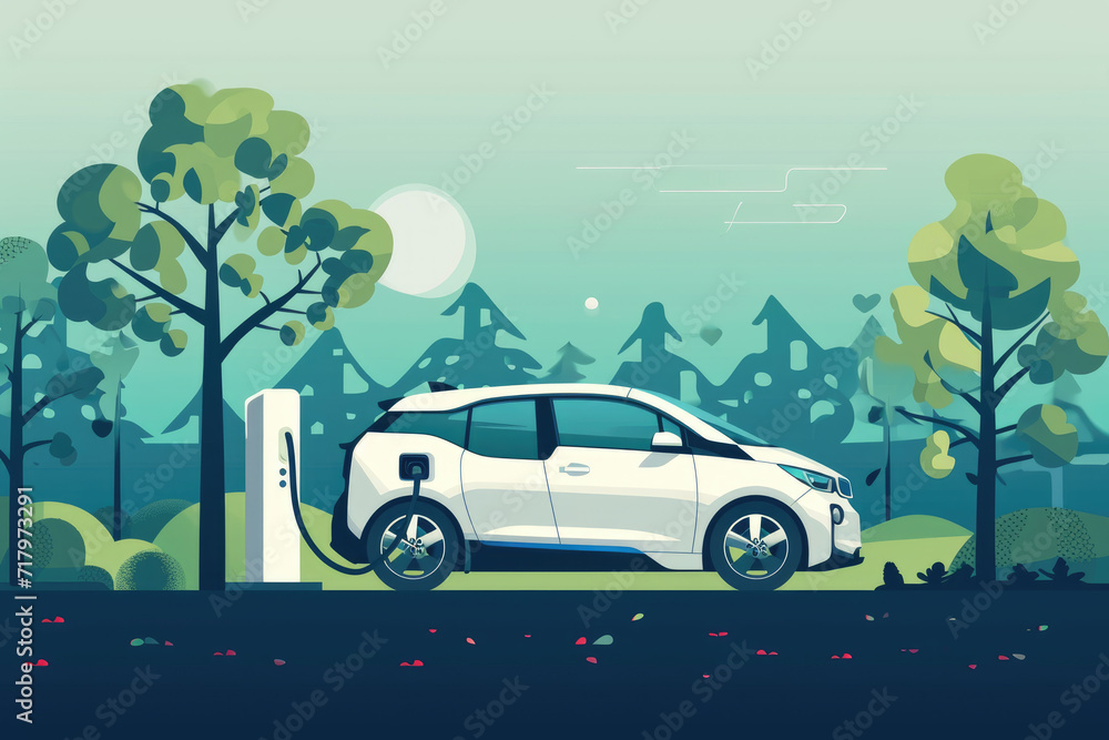 A white electric vehicle is plugged in at a charging point amidst a tranquil forest landscape at dawn.
