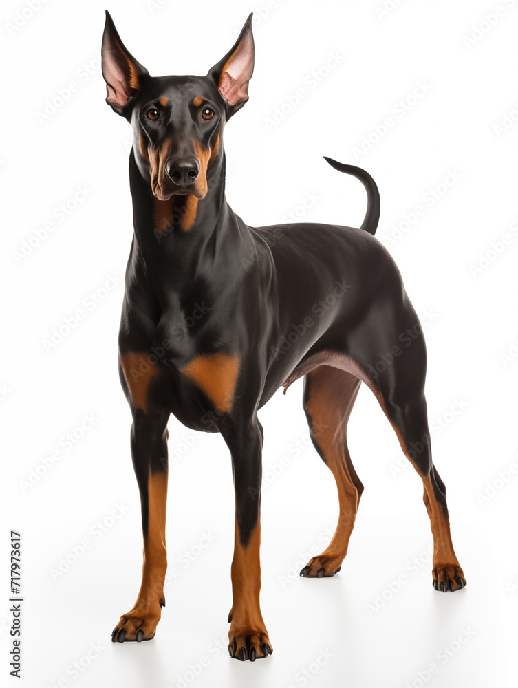 doberman dog standing looking at camera, isolated on all white background