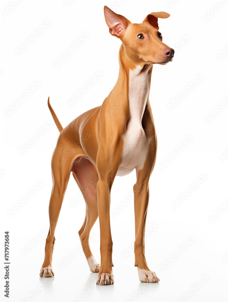 podenco ibicenco dog standing looking at camera, isolated on all white background