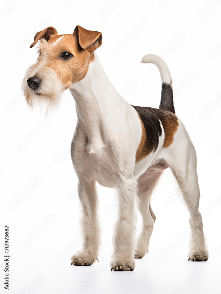 Fox terrier dog standing looking at camera, isolated on all white background