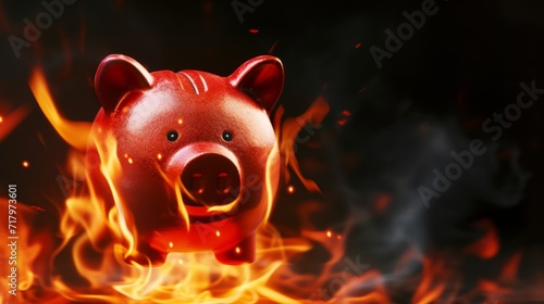 Trustworthy Piggy Bank Banking Symbol in fire flying on the black background. Horizontal Illustration. Banking and Finance. Ai Generated Illustration with Secure Saving Piggy Bank Banking Symbol.