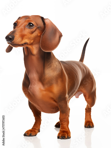 Dachshund standing looking at camera  isolated on all white background