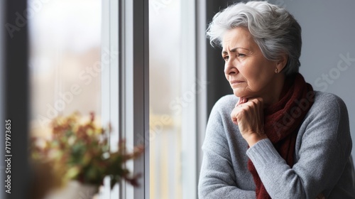 Serious older woman sitting alone near window. She feel depressed lonely feels sad or disappointed. Mental health concept.