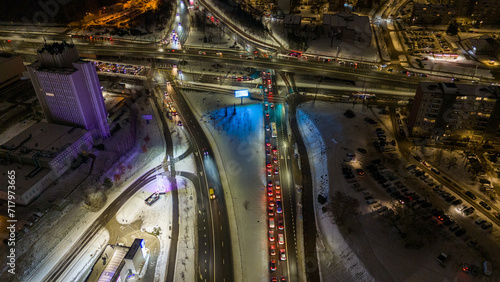 Drone photography of high intensity road in a city during winter morning rush © M