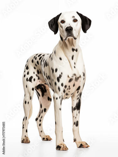 dalmatian dog standing looking at camera, isolated on all white background