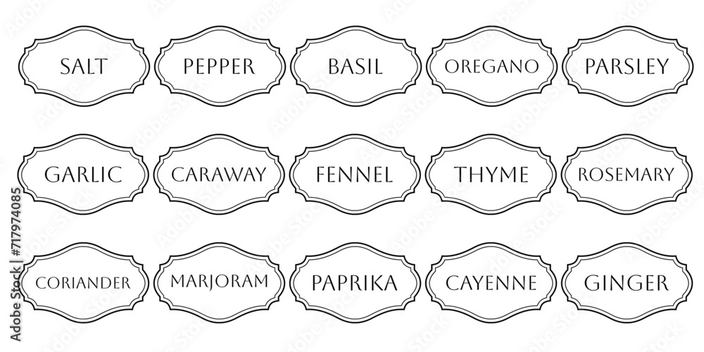 Set of vector kitchen sticker, spice pepper label, herb tag, spicy emblem, paper, salt, ginger, thyme, sugar, jar label
