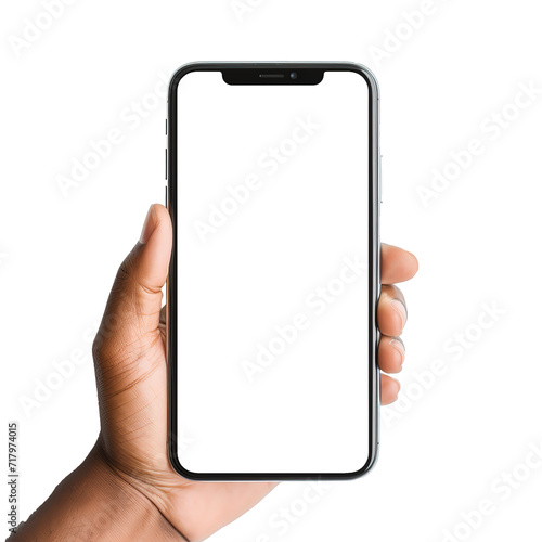 Man hand holding black smartphone isolated on white background.