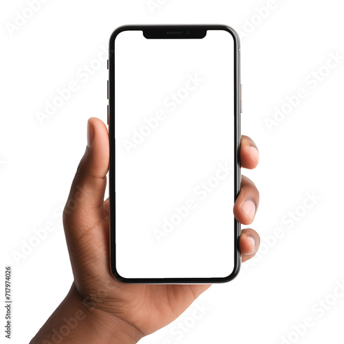 Man hand holding black smartphone isolated on white background.