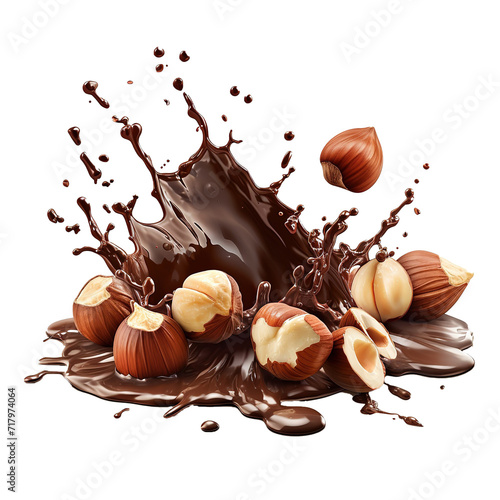 Melted chocolate splash with hazelnuts closeup on a white background