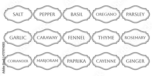 Set of vector kitchen sticker, spice pepper label, herb tag, spicy emblem, paper, salt, ginger, thyme, sugar, jar label