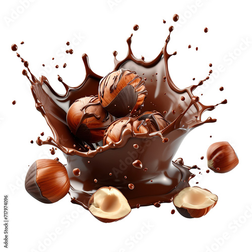 Melted chocolate splash with hazelnuts closeup on a white background