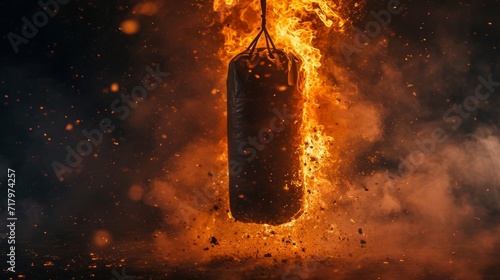 Professional Punching bag Sports Equipment in fire flying on the black background. Horizontal Illustration. Marital Arts. Ai Generated Illustration with Durable Secure Punching bag Sports Equipment.
