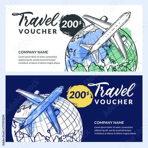 Travel voucher, certificate design template. Vector hand drawn sketch illustration of Earth planet and flying airplane