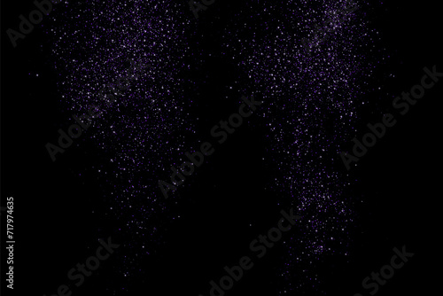 Purple glitter splash on black background. Magic light stardust pattern. Abstract starlight. Violet explosion of Confetti. Vector illustration. 