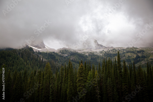 Canadian landscape, Mountains in Fernie, B.C Canada. Moody and atmospheric scene of mountains with clouds and green trees.  photo