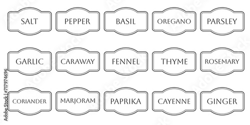 Set of vector kitchen sticker, spice pepper label, herb tag, spicy emblem, paper, salt, ginger, thyme, sugar, jar label photo