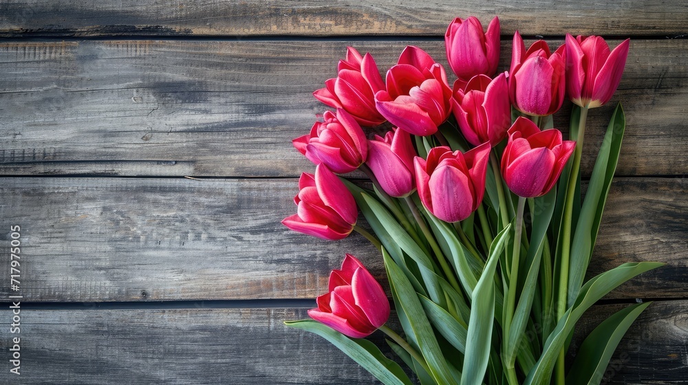 Fototapeta premium Spring background!A bouquet of tulips on a wooden background.Holiday greeting card for Valentine's Day, Woman's Day, Mother's Day, Easter!