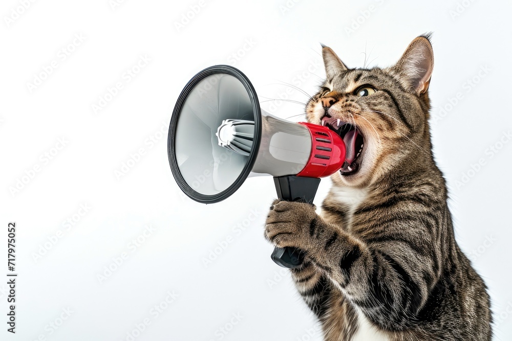 Fototapeta premium funny cat with a megaphone isolated on white background