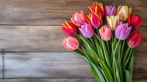 Spring background A bouquet of tulips on a wooden background.Holiday greeting card for Valentine s Day  Woman s Day  Mother s Day  Easter 