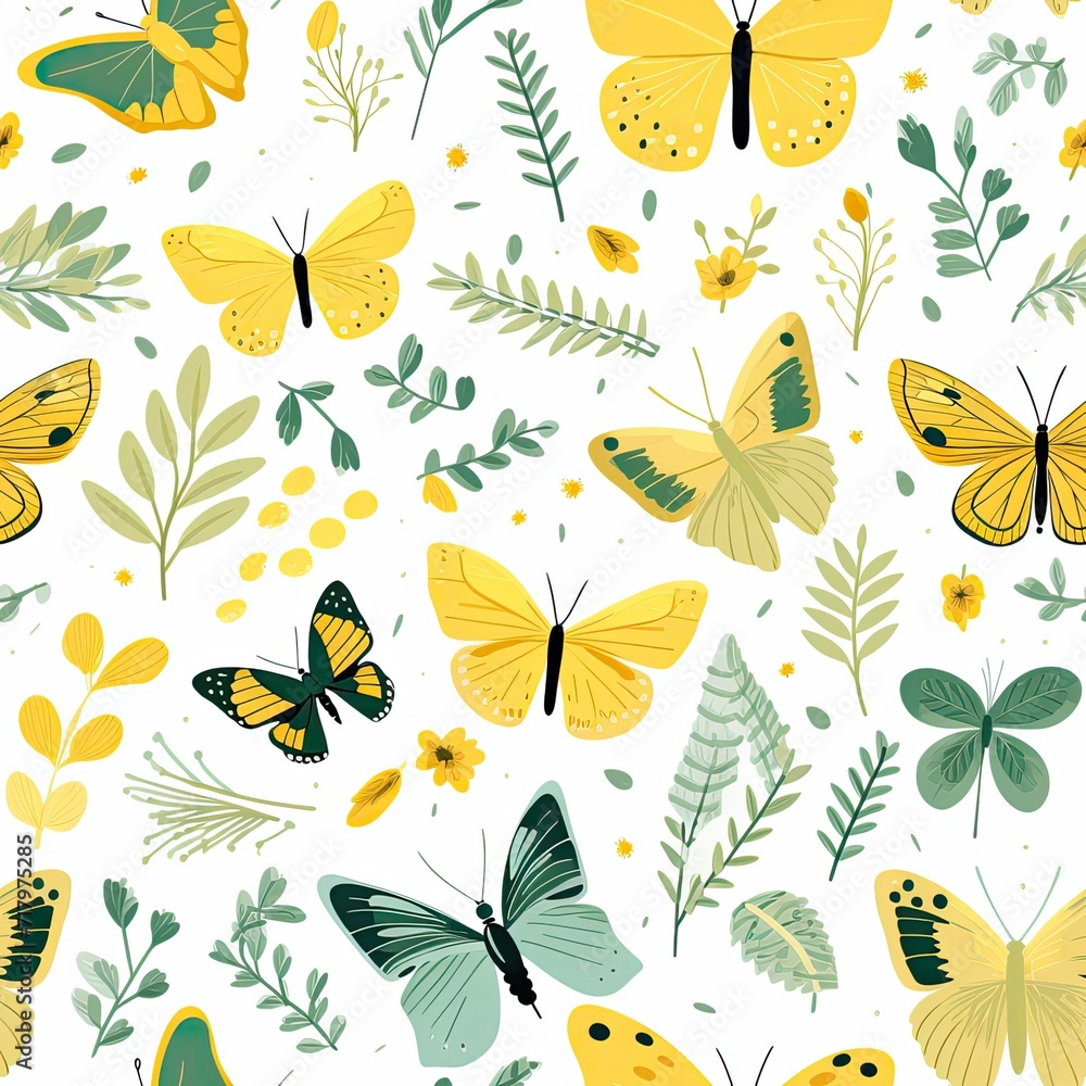 Fototapeta premium seamless pattern with yellow butterflies and flowers