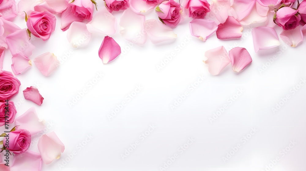 Top view of pink rose flower isolated background. empty space Wedding invitation cards. Valentine's day or mother day holiday concept 