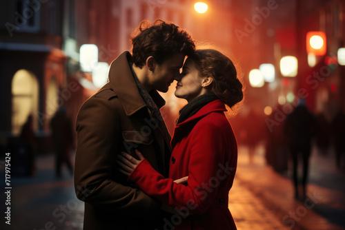 Love and Romance: Young Couple passionately kissing in the City Night, surrounded by Urban Lights