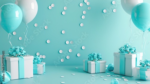 blue birthday background with gifts and balloons
