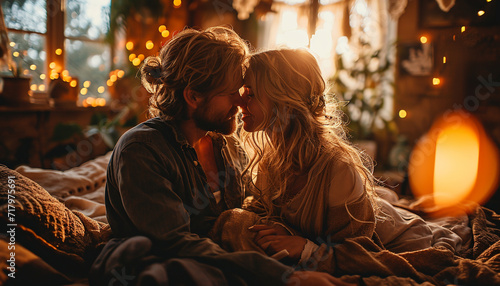 The couple is smiling and hugging while spending time together in bed. Selective focus