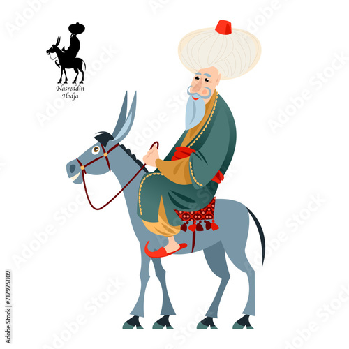 Cheerful oriental man dressed in a robe and turban rides a donkey. Nasreddin Hodja
