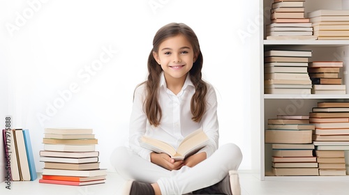 girl with books sitting on a floor in library