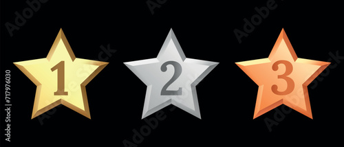 Golden  bronze  silver glossy metallic stars 3d realistic style. Leadership  game award  customer feedback symbol vector illustration isolated on black background