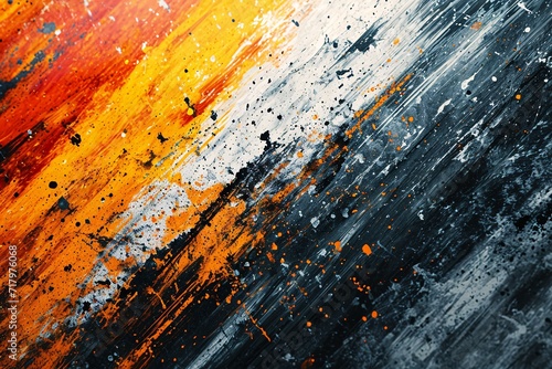 Vibrant abstract gradient film grain texture for web banner and discounted blurred orange grey white shapes on black noisy texture.