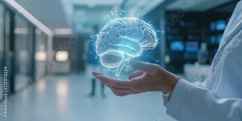 futuristic digital x-ray of a brain in doctor hand,  Ai, Technology, Human Brain, Doctors