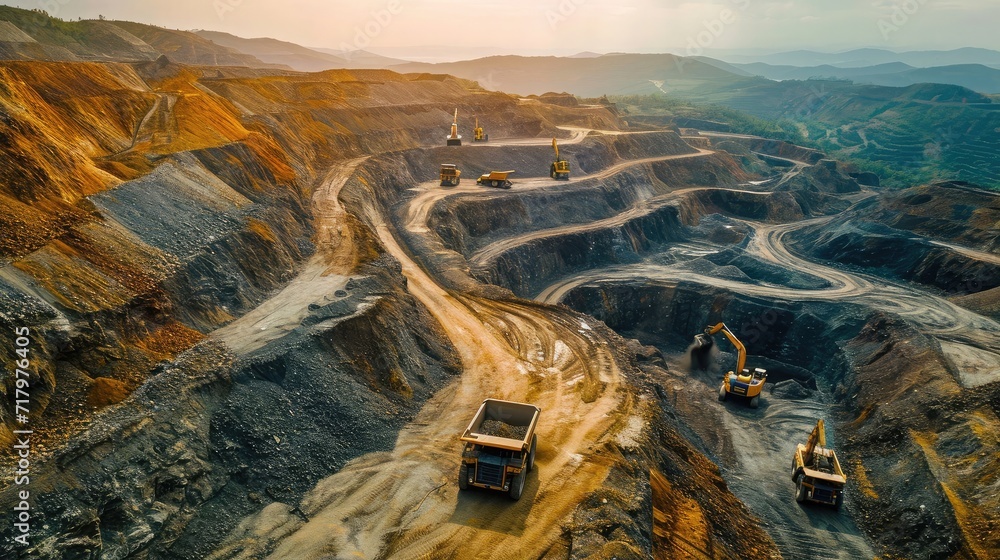 Work of trucks and the excavator in an open pit on gold mining - obrazy, fototapety, plakaty 