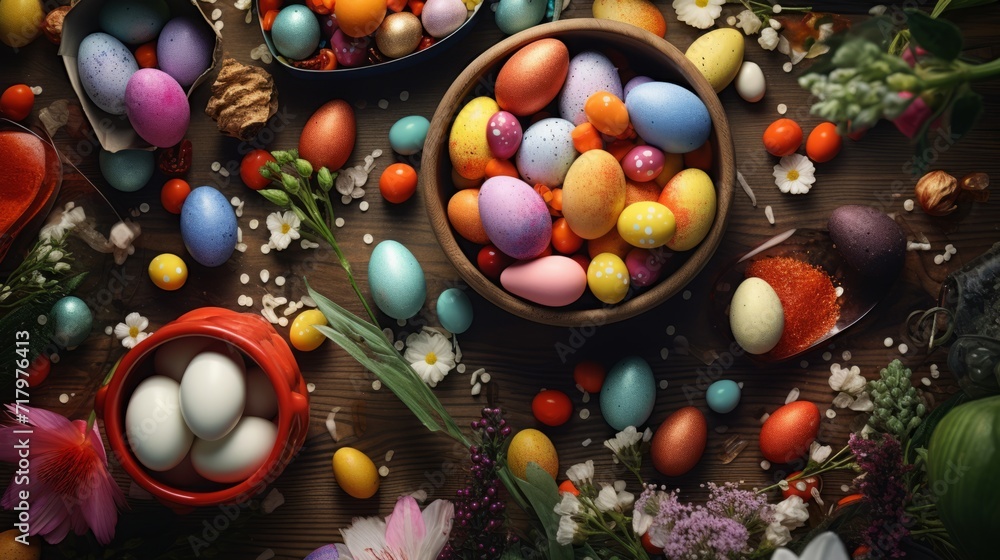 Beautiful colorful Easter eggs on wooden table. Easter background Beautiful colorful Easter eggs on wooden table. Easter background