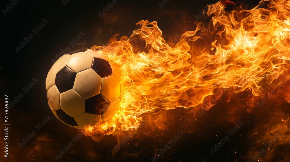 Fototapeta premium Professional Soccer ball Sports Equipment in fire flying on the black background. Horizontal Illustration. Sporting Gear Ai Generated Illustration with Active Game Soccer ball Sports Equipment.