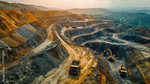 Work of trucks and the excavator in an open pit on gold mining
