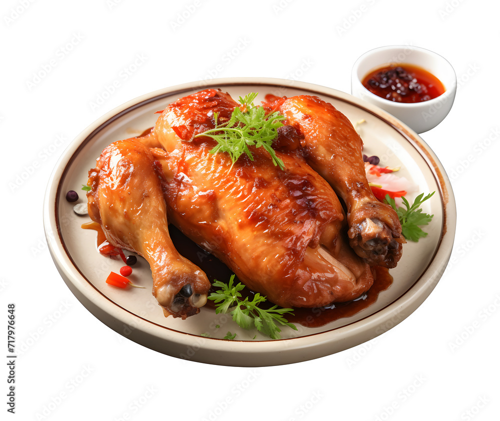 Spicy roasted chicken leg served with lime and sauces on png background. Spicy roasted chicken leg served with lime and sauces on png background.