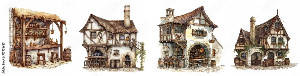 set of watercolor illustration of a medieval tavern