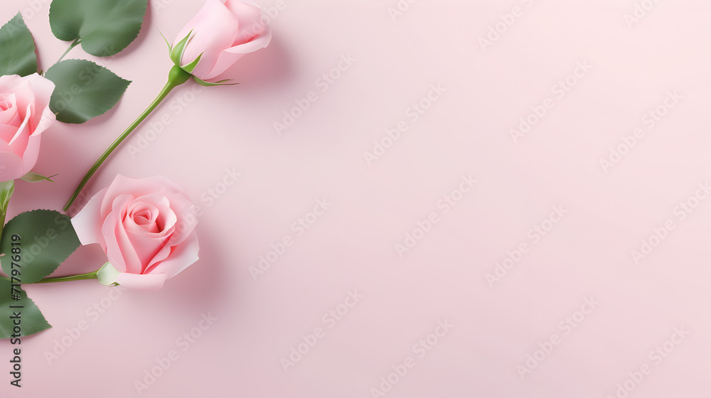 Frame border of roses on a pink background,,
Close up of blooming pink roses flowers and petals isolated on white table background. Floral frame composition. Decorative web banner. Empty space, flat l
