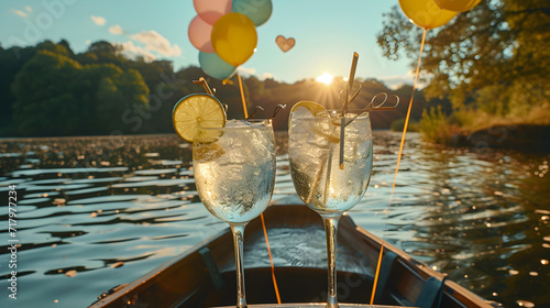 Cinematic photograph of two gin tonic sparkling cocktail with lime on a rowing boat in a lake. Heart shaped balloons and confeti. Valentines. Love