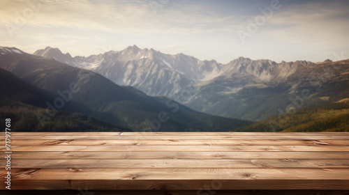 empty wooden table on a mountain background.mountain background.empty space.wooden table.beautiful sky