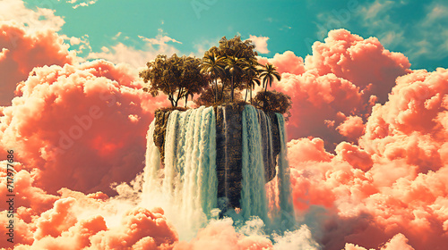 Fantasy Island Floating in the Sky, Lush Green Trees and Waterfalls, Surreal Nature Scene with Vibrant Colors © Rabbi