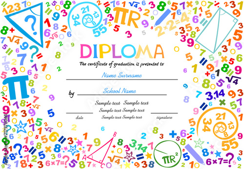 Certificates kindergarten and elementary, Preschool Kids Diploma certificate background design template, Diploma template for kindergarten students, Certificate of kids diploma. Vector  illustration