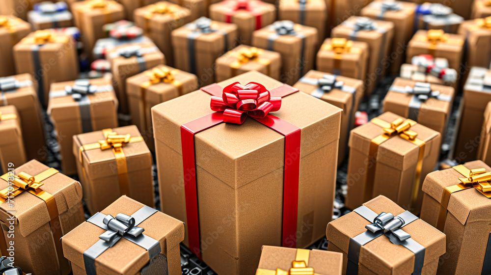 Fototapeta premium Festive Gift Boxes with Ribbons: Holiday Celebration and Surprises with Colorful Presents