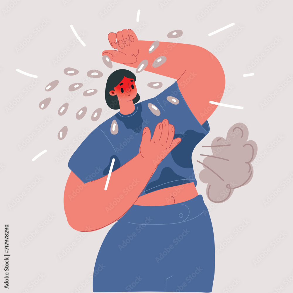 Obraz premium Vector illustration of woman feels the symptoms of menopause. She feels bad because of menopause. Hot flashes, sweating, dizziness, irritability. Menopause concept. \