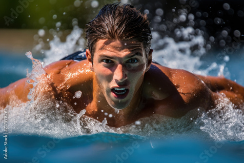 Focused Male Swimmer in Action During Competitive Race. © Anna
