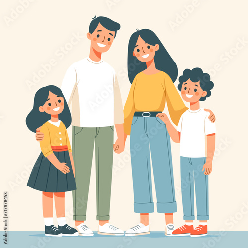 Vector image of happy family. Father, mother, son and daughter together. Flat style design 