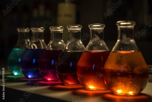 Multiple flasks with different colored liquids on a lab table in close-up. Generative AI